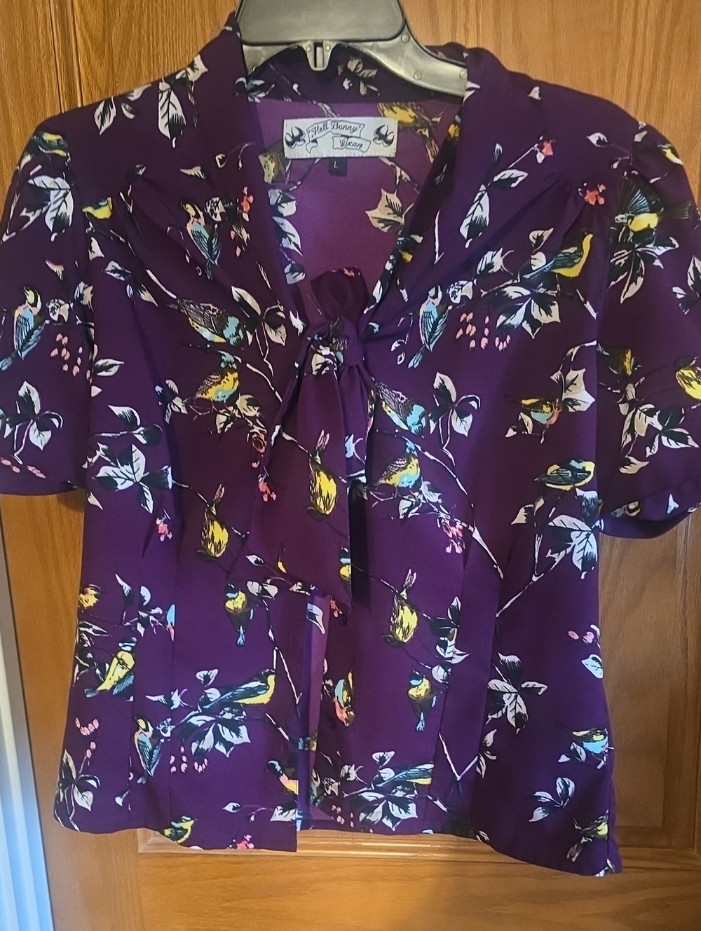 Hell Bunny Purple Bird-Print Tie-Neck Blouse